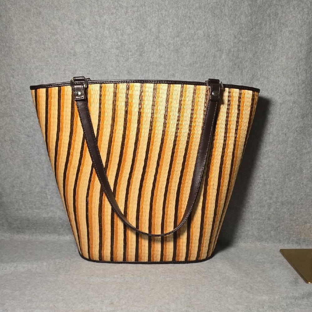 Le Sac Striped Woven Structured Zip Top Bucket Bag